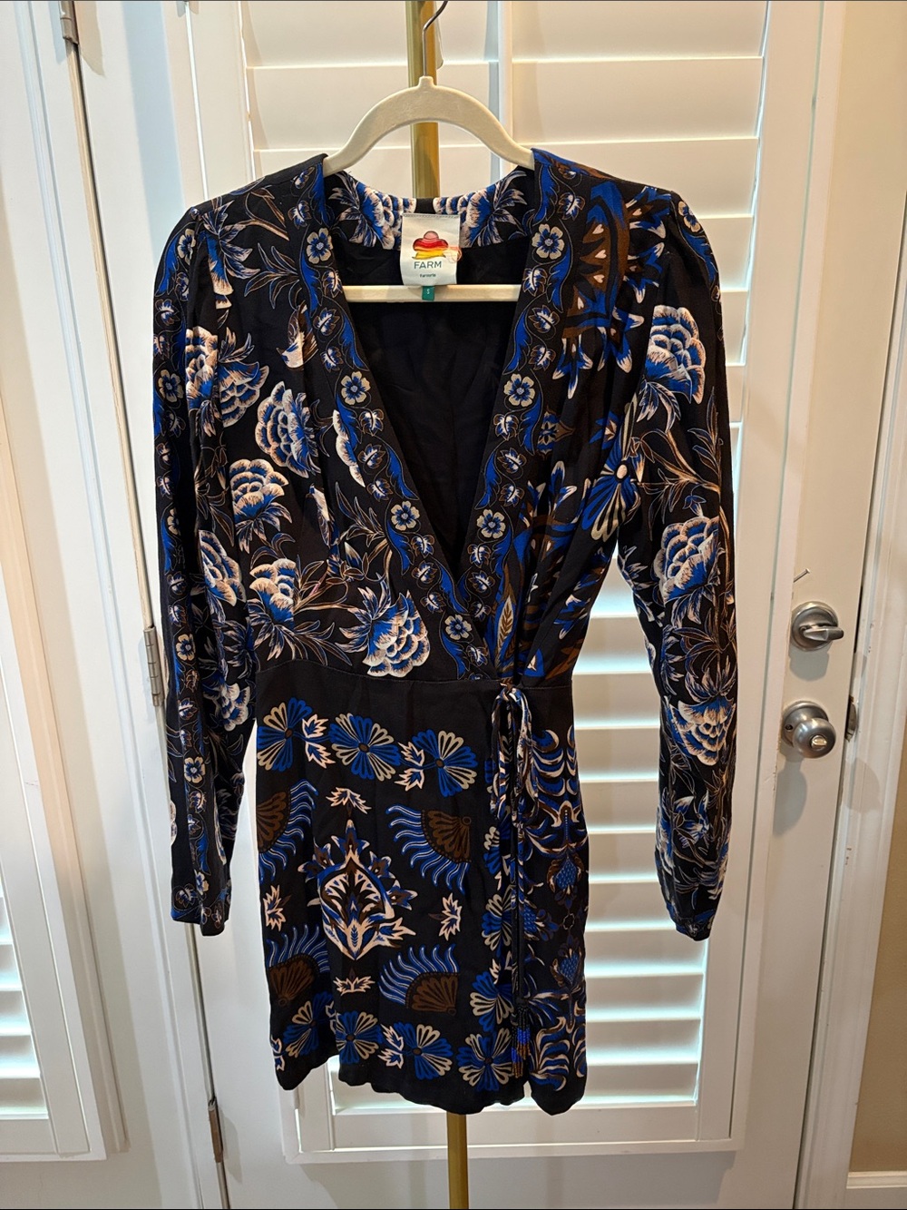FARM Rio Black Floral Wrap Midi Dress with Blue and Cream Print